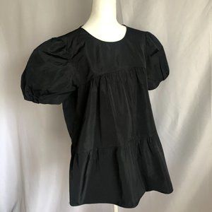 Zara Women's Black Balloon Sleeve Top Blouse Top with Ruffled Hem Tie Pleats